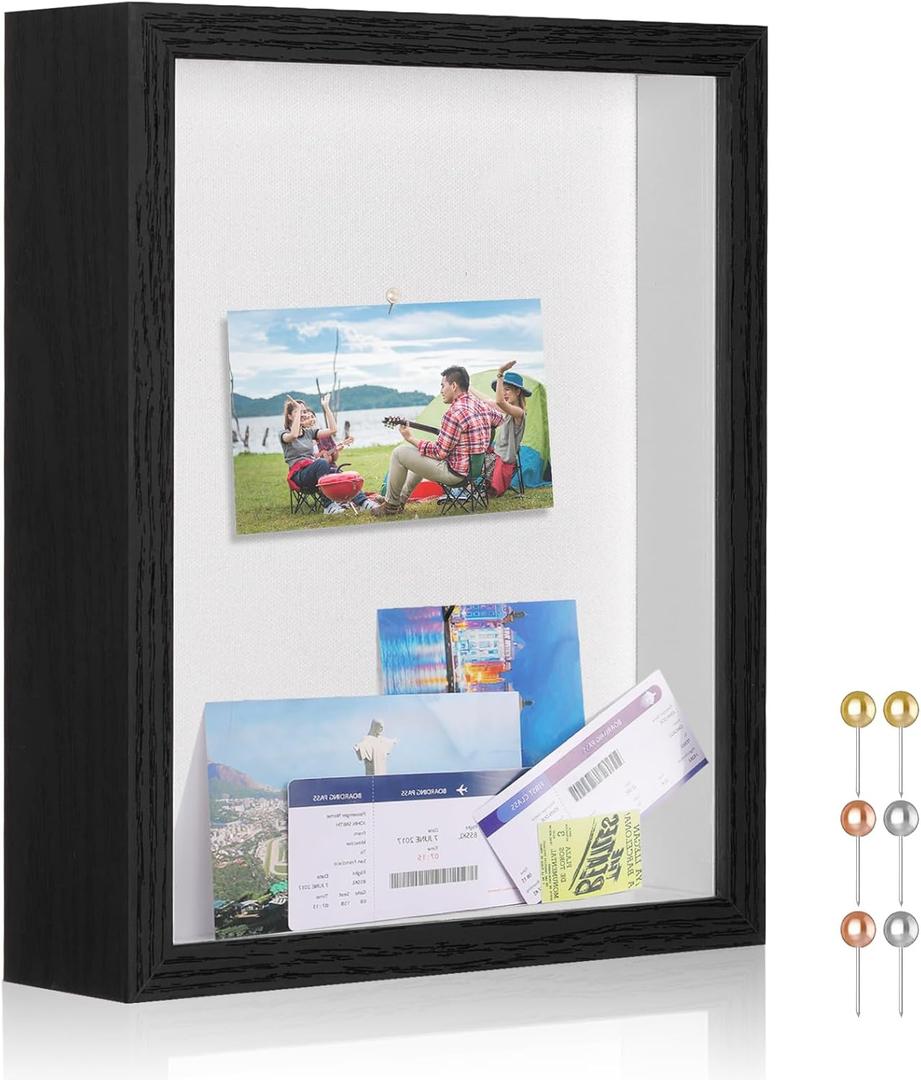 Travel Adventure Challenge Archive Shadow Box Picture Frame with Slot,11x14 Travel Ticket Card Memory Box for Keepsake Box, Top Loading Shadow Box Display Case Travel Decor Gift (Black,11x14)