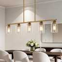 Mecgirn Island Light for Kitchen, Brushed Brass Dining Room Light Fixture Over Table, 5-Light Linear Chandelier Pendant Lighting for Dining Table Kitchen Island Living Room