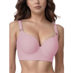 JishinGal Womens Push Up Bra Full Coverage Seamless Underwire Hide Back Fat, Wide Straps, Smooth Uplift T-Shirt Bra (36B, Pink)