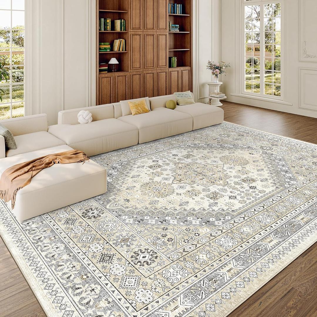 zesthome 9x12 Area Rugs,Stain Resistant Washable Rug,Ultra-Thin Rugs for Living Room,Bedroom,Non-Slip Backing Home Decor Large Area Rug (Beige,9'x12')