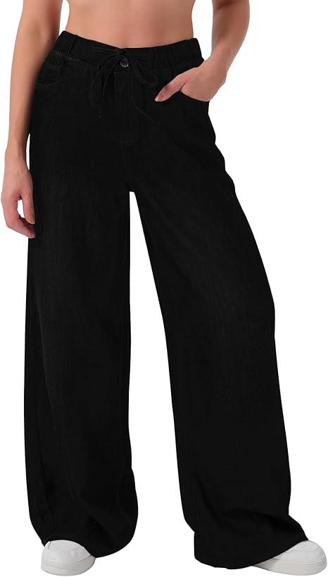 roswear Women's Wide Leg Jeans Non-Stretch with Elastic Waist Denim Pants for Casual Lounge (XL, Black)
