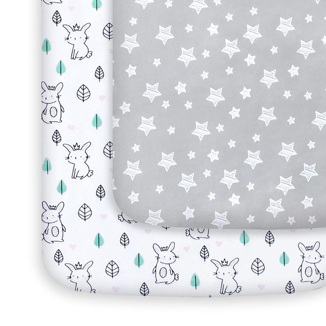 Pack and Play Sheets, 1 Pack Mini Crib Sheets, Stretchy Playard Fitted Sheet, Compatible with Graco Pack n Play, Soft and Breathable Material, Stars & Bunny