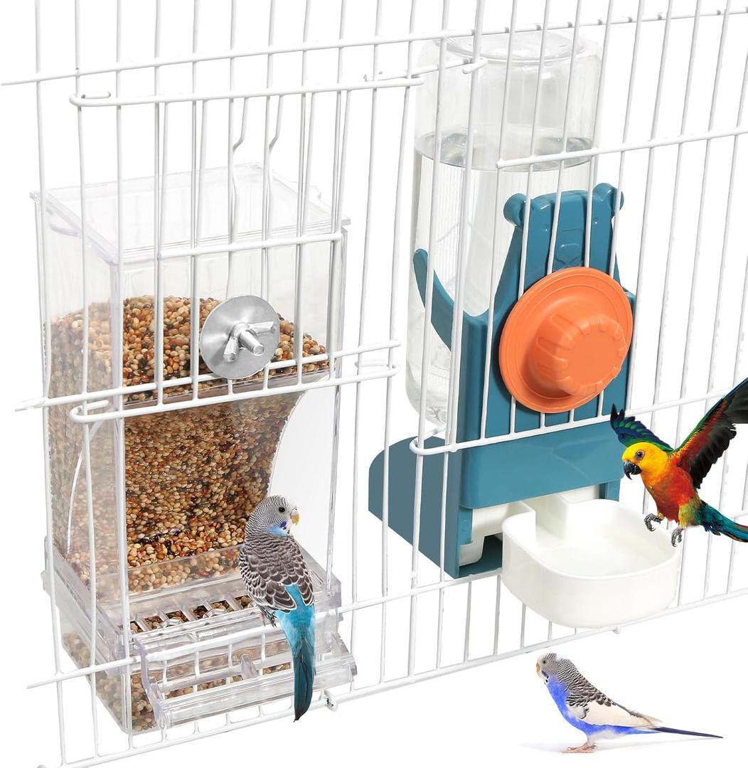 No Mess Bird Feeder Water Dispenser Set, Automatic Parrot Feeder Drinker Cage Accessories, for Parakeets, Cockatiels, Budgies, Macaws, Lovebirds, Canaries - Cage Mounted/External Hanging (Blue)