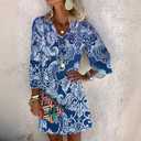 Women Long Sleeve Dress Cover Up Bohemian Floral Bathing Suit Beachwear Dress Lounge Dress Blue, XL