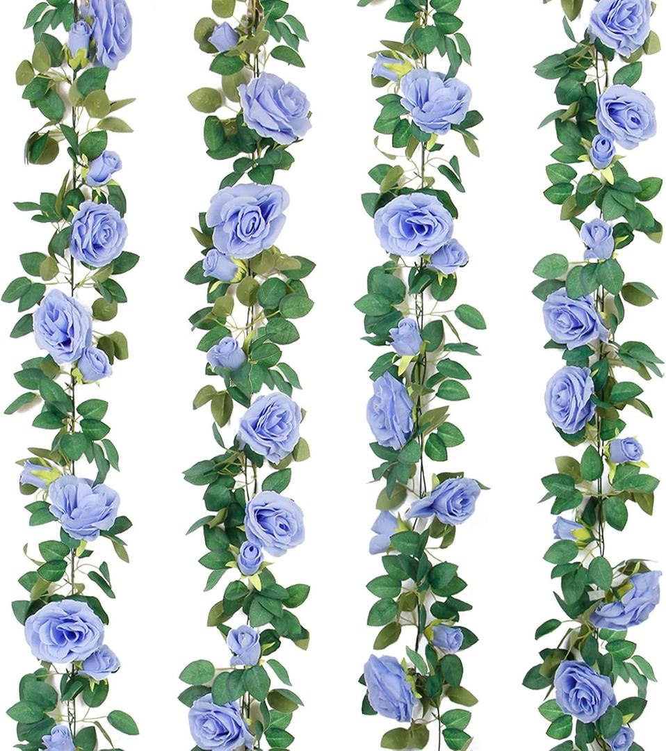 TELDRASSIL 4Pcs(26 FT) Artificial Rose Vine Fake Flower Garland Fake Silk Rose Hanging Vine for Wedding Party Background Arch Garden Background Decoration (Blue)