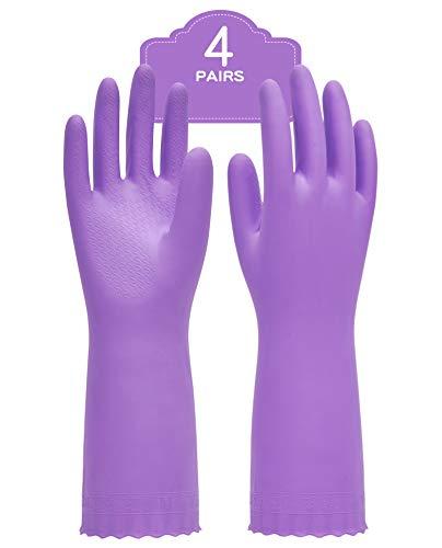 PACIFIC PPE 4 Pairs Reusable Dishwashing Cleaning Gloves with Latex Free, Cotton Lining, Kitchen Gloves, Purple, Small