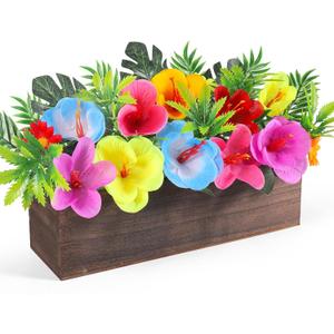 Hawaiian Table Centerpieces Artificial Hibiscus Flowers Arrangements Wooden Crate, Wooden Planter with Tropical Palm Leaves for Summer Beach Tiered Tray Shelf Table Home Aloha Luau Party Decor
