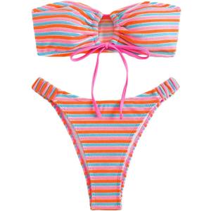 Women's Striped Printed Bandeau Bathing Suit High Waisted Swimsuit Bikini Set (Pink) S
