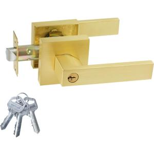 JO.KO Golden Door Handles with Lock and Keys,Brushed Golden Door Knobs,Satin Brass Door Handle Set,Interior/Exterior Door Lever for Bedroom Bathroom,Front Doors (1 Pack)