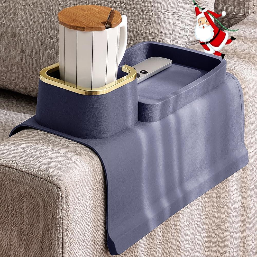 Couch Cup Holder Tray, Elimiko Silicone Anti-Spill and Anti-Slip Couch Drink Holder, Strong and Weighted Phone/Remote/Snacks Sofa Cup Holder (Purplish Blue)