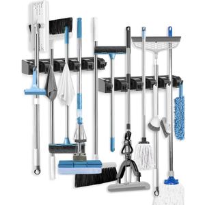 AceMining Broom Holder Wall Mounted, 2 Pack 5 Holders and 6 Hooks Mop Holder, ABS Plastic Brush Holder, Thick and Durable Mop and Broom Holder, Broom Storage, Broom Hook, Mop Wall Holder Black