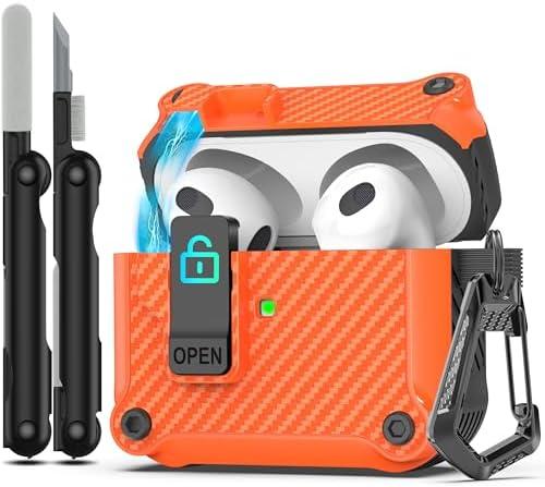 RFUNGUANGO for Airpods 3rd Generation Case with Secure Lock Clip, Full Body Shockproof Hard Shell Protective, AirPods 3 Case for with Apple AirPod 3rd Gen 2021 [Front LED Visible] -Carbon Fiber Orange