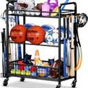 Garage Sports Equipment Organizer - Rolling Ball Storage Rack with Wheels, Sports Gear Organizer for Garage Indoor Outdoor Toy Storage Rack, Basketball Racks Ball Cart with Basket and Hooks