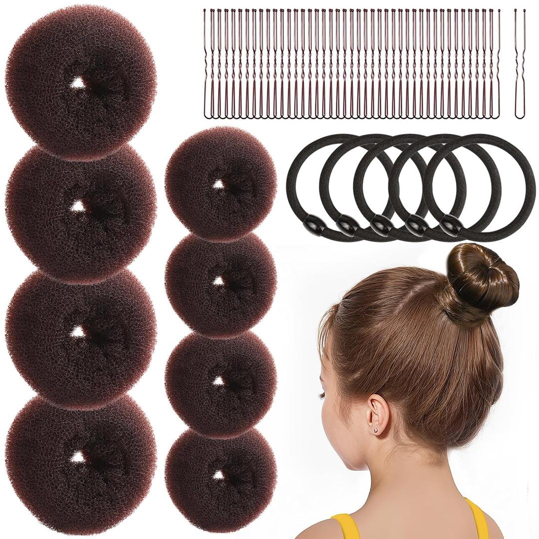 FANDAMEI Hair Bun Maker for Kids, 4PCS Donut Bun Maker Small with 4PCS Extra Small Hair Buns Kit. Ballet Hair Bun Maker for Kids, Hair Bun Set with Elastic Hair Ties, Hair Pins.(Brown)