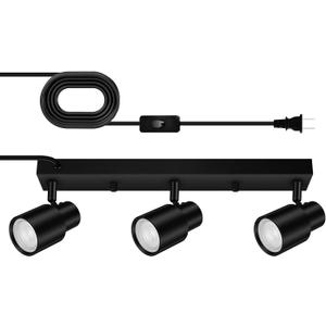Plug-in Track Lighting LED, Track Light Fixtures Ceiling, Black Plug in Wall Lights with 14.8ft Cord, 3 Way Ceiling Spotlight for Kitchen, Rotatable Light Head for Bedroom Hallway(GU10 Socket,NO Bulb)