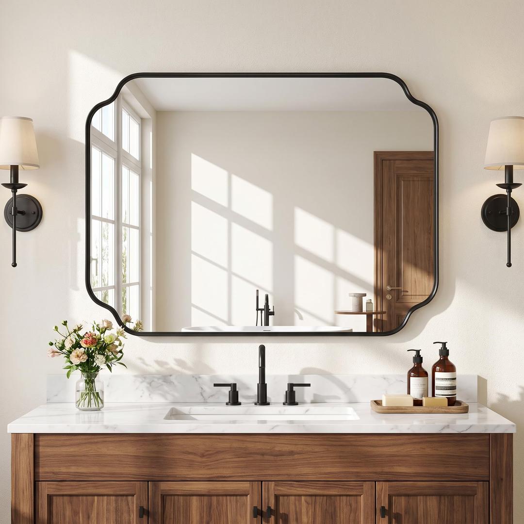 Suidia 24"x36" Bathroom Mirror for Wall, Scalloped Vanity Mirror, Black