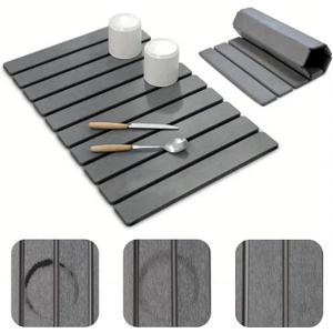 Large Stone Dish Drying Mat for Kitchen Counter, 24x16 Inches Diatomaceous Earth, 1-Second Absorption, Quick-Dry, Foldable, Non-Slip, Easy to Clean for Dishes - Dark Gray