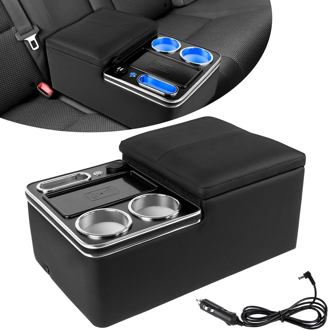 Car Center Console Armrest Organizer: with W-ireless Charging, Fast Charging, LED Light Cup Holder & Phone Holder, Rear Bench Seat Consoles with Armrest Middle Storage Box,Truck Seat Organizer for Van