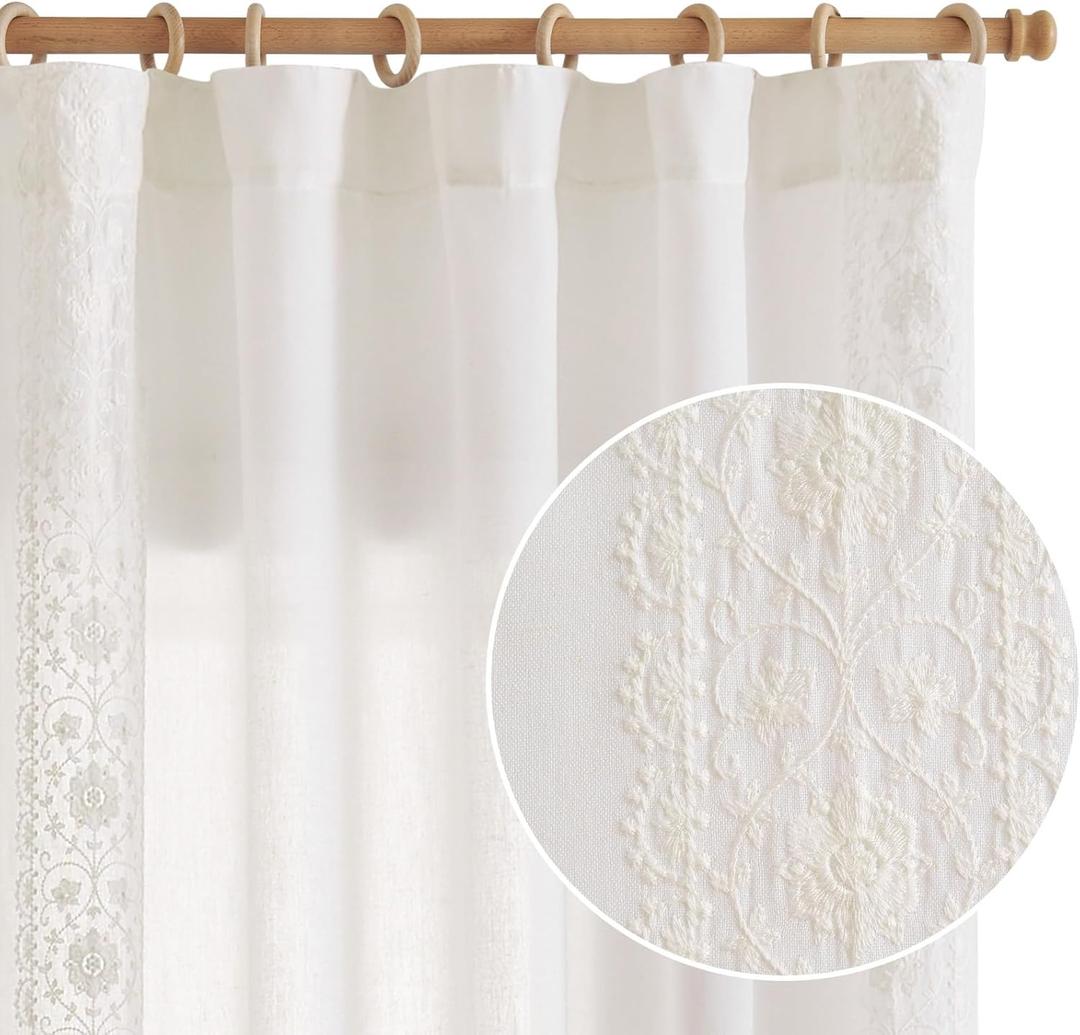 jinchan Boho Curtains for Bedroom White Vintage Floral Farmhouse Curtains 84 Inches Long Linen Blend Drapes for Living Room Embroidered Light Filtering Drapes Rod Pocket Off White 2 Panels (50"W x 84"L (Pack of 2), Floral| Off White)