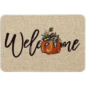 Artoid Mode Bow Tie Pumpkin Fall Welcome Doormat, Autumn Home Decor Low-Profile Switch Rug Door Mat for Indoor Outdoor 24x35 Inch (Beige)