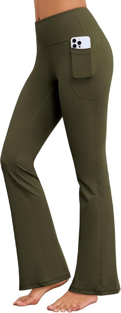 Flare Yoga Pants for Women with Pockets, High Waist Flared Leggings | No Front Seam,Opaque Coverage,Soft Stretch Fabric,Tummy Control,Two Side Pockets for Workouts (Green, L)
