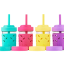 Elk and Friends Kids + Toddler Glass Cups | The Original 8oz Glass Mason Jar with Sleeves + Lids | Silicone Straws + Stopper | Smoothie Cup | Food Storage | Spill Resistant | Dishwasher Safe | 4 Pack