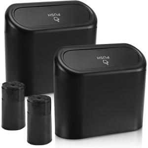 Accmor Car Trash Can with Lid, Mini Auto Dustbin Garbage Organizer Holder 2 Packs, Automotive Storage Container Bin with 60 Pcs Bags for Vehicle, Home, Office