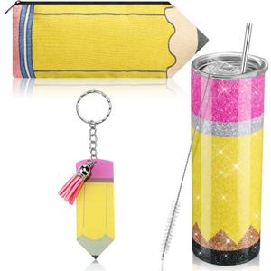 Abbylike 3 Pcs Teacher Appreciation Gifts for Women 20oz Stainless Steel Pencil Glitter Tumbler with Lid Straw Pencil Pouch Keychains Set for End of Year Teacher Gifts