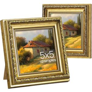 upsimples 5x5 Picture Frame with Real Glass, Ornate Vintage 5 x 5 Photo Frames for Wall Decor or Tabletop Display, Gold, 2 Pack