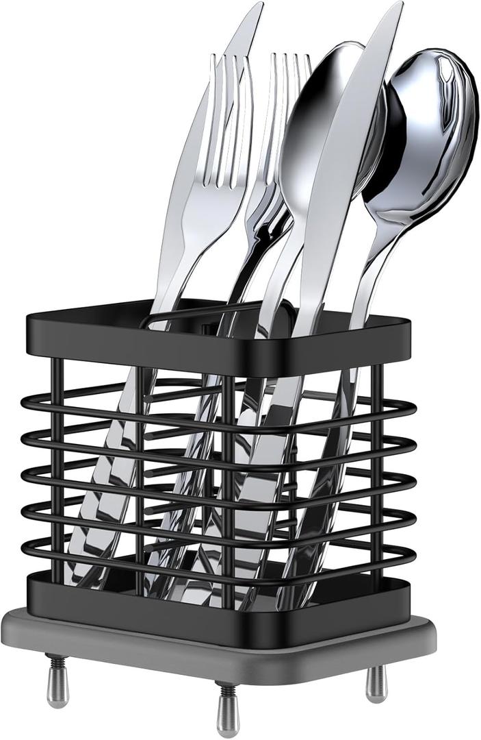 2 Slots Utensil Holder for Kitchen Counter, Small Stainless Steel Cutlery Holder Organizer with Drying Diatomaceous Earth Base, Utensil Drying Rack Spoon Fork Organizer Crock Storage, Black