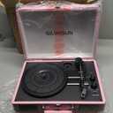 Vinyl Record Player with Speakers Vintage Bluetooth Turntable, Battery Powered Portable Pink Vinyl Player, Retro Suitcase Phonograph, 3-Speed Lp Player RCA Out AUX in Headphone Jack (Pink Silvery)