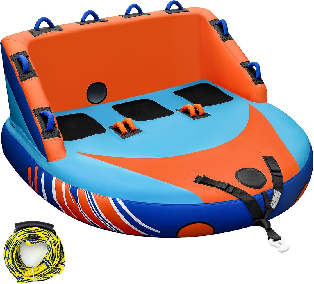 3 Person Towable Tube for Boating, Boat Tube with 510lb Capacity, Heavy-Duty PVC & Nylon Cover, 60ft Tow Rope, Dual Tow Points, EVA Cushion for Water Sports