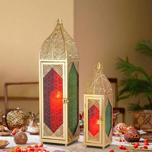 TRIROCKS Set of 2 Moroccan Candle Lanterns 23''&15.5'' H Decorative Candle Holder Hanging Lanterns with Embossed Colored Tempered Glass Ramadan Decorations for Home Outdoor Indoor Patio Weddings(Gold)