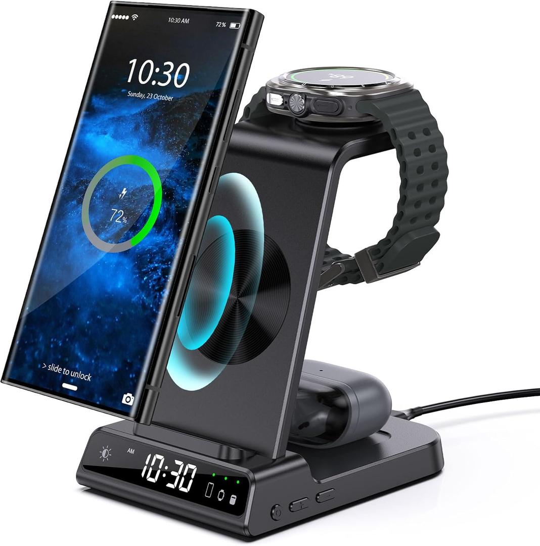Wireless Charger for Samsung Charging Station with Clock for Samsung Galaxy S25 Ultra/S24 Ultra/Z Flip 6/5/Fold 5/Bud, 3 in 1 Android Charging Station, Watch Charger for Samsung Galaxy Watch 7/6/5Pro (Black)