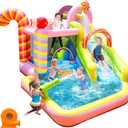 Inflatable Bounce House Water Slide, 6 in 1 Sweet Candy Water Park, Wet Dry Combo Bouncy Castle with 450W Blower, Splash Pool, Water Slide for Kids and Adults Backyard Party Gifts