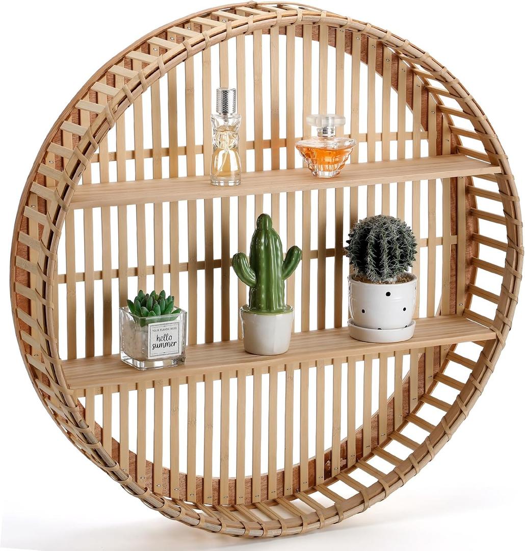 Pinkunn Rattan Wall Shelf Round Wicker Shelves Boho Wall Mounted Display Storage 2 Tier Circle Farmhouse Home Decorations for Dining Room Living Room Office Kitchen Bathroom, 23.62 x 23.62 x 4.72 inches
