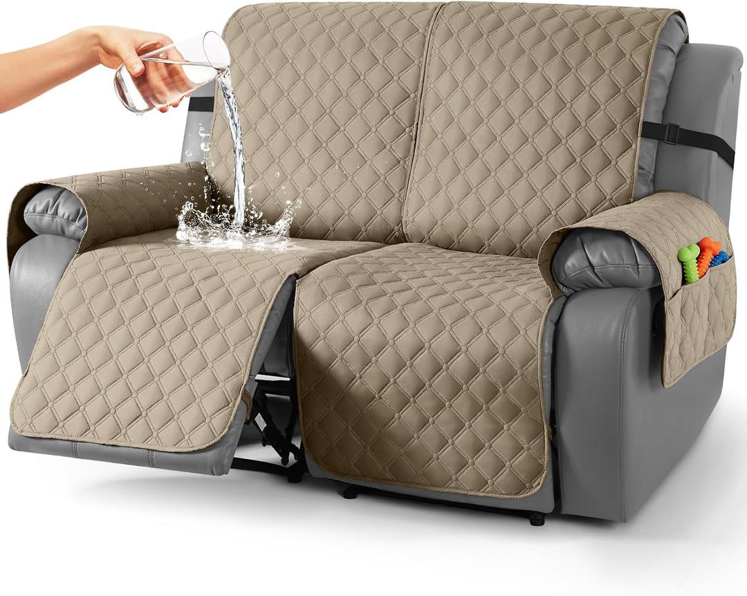 TAOCOCO 100% Waterproof Recliner Covers, Recliner Sofa Covers with Leg Straps, Reversible Recliner Couch Cover for Reclining Chair, Washable Couch Protector for Pets Kids(2 Seater, Khaki)