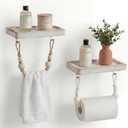2 Pack Farmhouse Toilet Paper Holder with Shelf Boho Rope Bathroom Decor Rustic White Wooden Bead Hemp Rope Towel Rack Towel Tissue Roll Holder for Bathroom Washroom