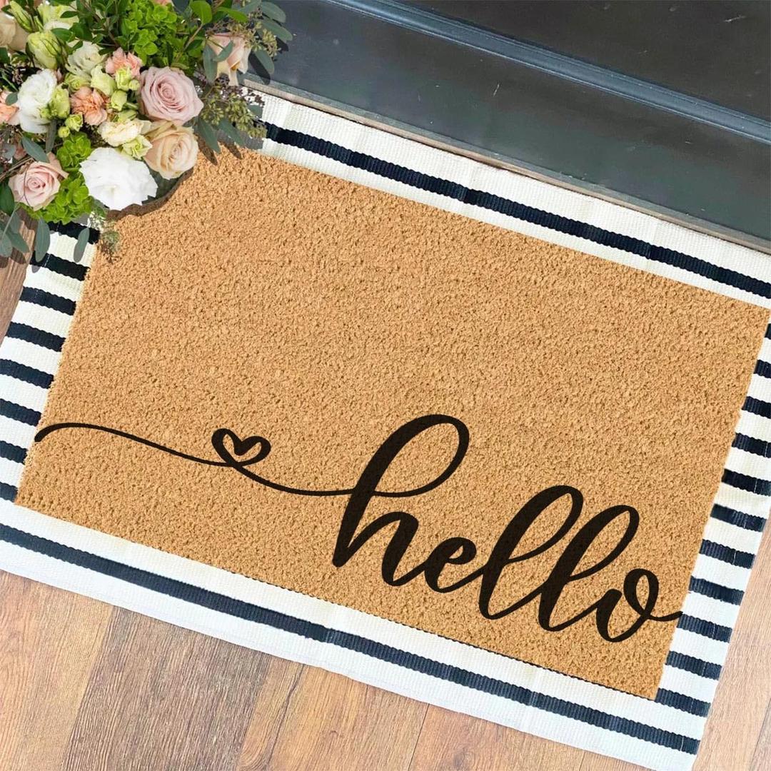 Funny The Entrance Way Outside Personalized Rug with Heavy-Duty Non Slip Outdoor Coconut Coir Doormat Pets Lover Gift 23.6 x 15.7 inch (Hello Cursive Script)