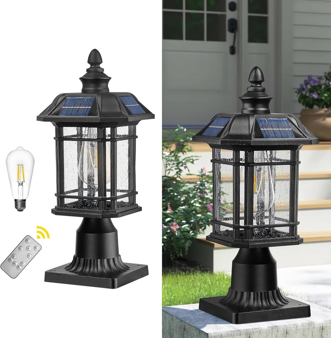 Emliviar 16 Inch Outdoor Solar Post Light, Dusk to Dawn Pier Mount Lamp Post Light with Remote Control, Black Finish with Seeded Glass Shade, A2202110P1-SL BK