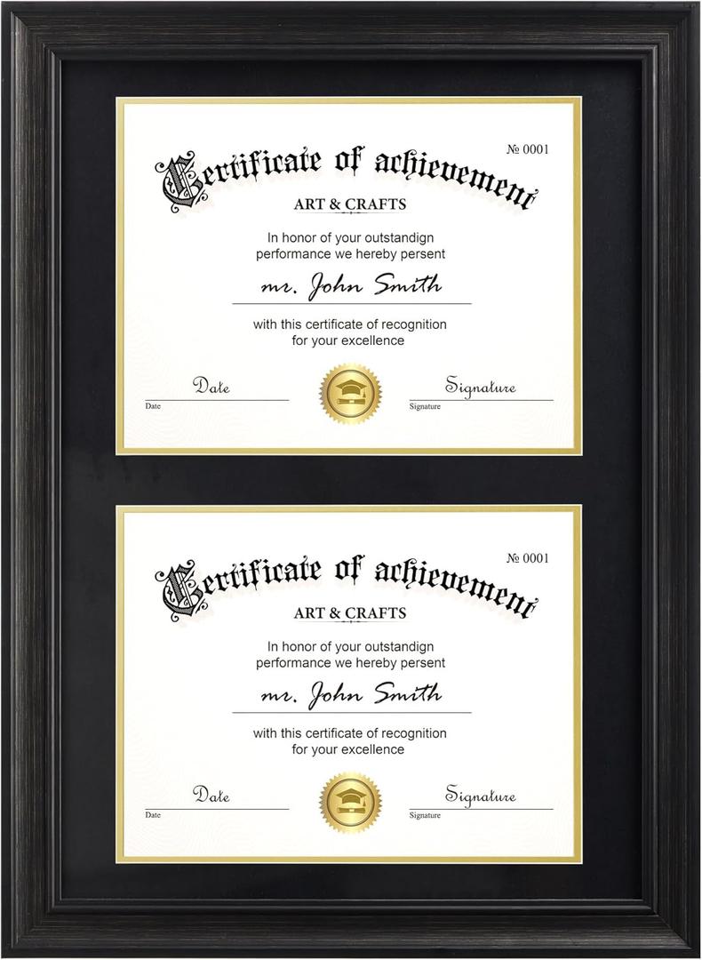 Yaetm Vertical Double Diploma Frame 14x20 for Two 8.5x11 Certificates, Degrees, Documents, Tempered Glass with Black Over Gold Acid-free Mats, Dual Diploma Frames, Black/Black
