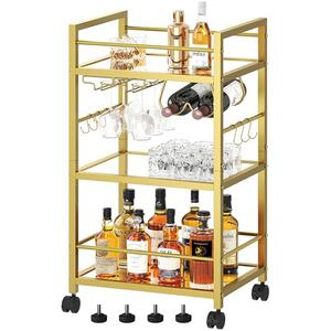 Bar Cart, Serving Cart for Home, Microwave Cart, Drink Cart, Mobile Kitchen Shelf with Wine Rack and Glass Holder, Rolling Beverage Cart for Dining Room, Gold Bar Cart, Serving Cart for Home, Microwave Cart, Drink Cart, Mobile Kitchen Shelf with Wine Rack and Glass Holder, Rolling Beverage Cart for Dining Room, Gold