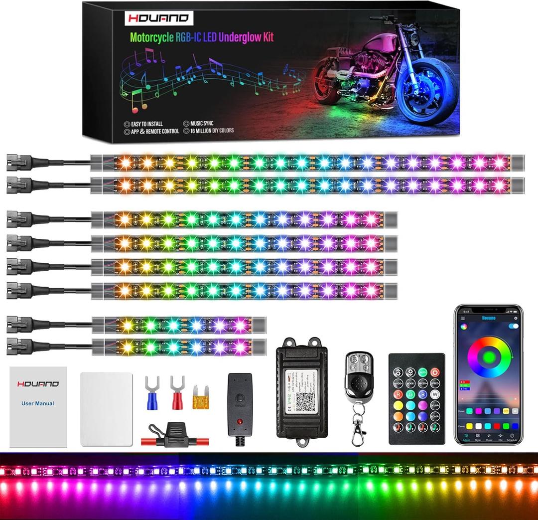 Hovano 8PCS Motorcycle Magic-RGB LED Light Kits with Brake Light Turn Signal, Chasing Motorcycle LED Underglow Kit with APP/IR/RF Remote Control,12V Waterproof Neon Accent Light for Golf ATV UTV