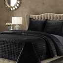 Tribeca Living Luxury Velvet Quilt Set King Bedding Set, 260 GSM Soft Velvet Oversized Comforter Set, Florence Box Stitch Premium Bedspread Coverlet for All Season, with 2 Pillow Shams, Black