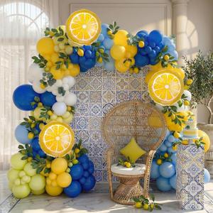 Lemon Royal Blue Yellow Balloon Garland Arch Kit with Lemon Foil Balloons for amalfi last toast on the coast Bachelorette Bridal Shower freshly graduated lemon decor Main Squeeze Party Supplies