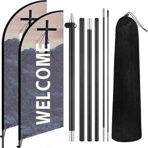 Buryeah 2 Sets Church Sign Feather Flag 7 ft Church Swooper Flag with Fiberglass Poles and Point Stake Welcome Banners for Outdoor Business and Events Promotion