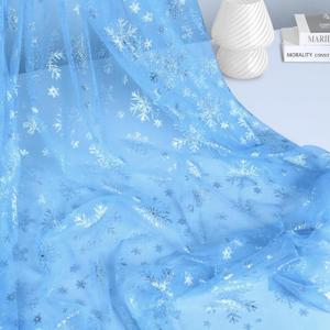 Horbaunal Snowflake Sheer Fabric 1 Yard, Sky Blue Silver Foil Tulle Fabric by The Yard, 59" Wide Snowflake Fabric Organza Fabric Tablecloth for Frozen Birthday Wedding Party (1 Yard, Sky Blue)