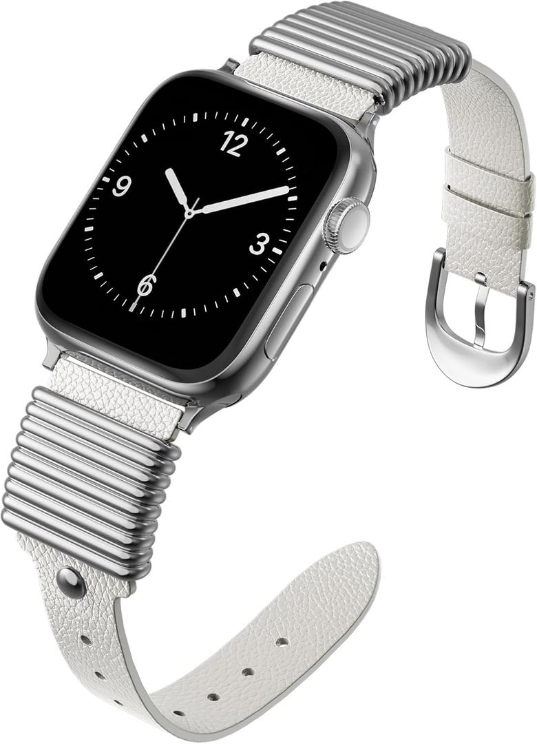 Bestsure Leather Bands for Apple Watch Bands 49 46 45 44 42 mm Women Men, Slim Dressy Fancy Designe Metal Ring Loops for iWatch Ultra SE Series 11 10 9 8 7 6 5 4 3 2 1, white