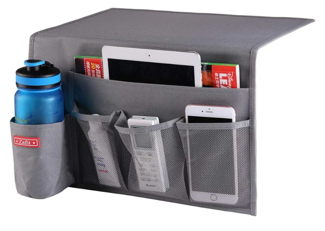 5 Pockets Bedside Caddy, Bedside Storage Organizer for Water Bottles, Magazines, Phone, Glasses (5 Pockets-Grey) 13x19 inch