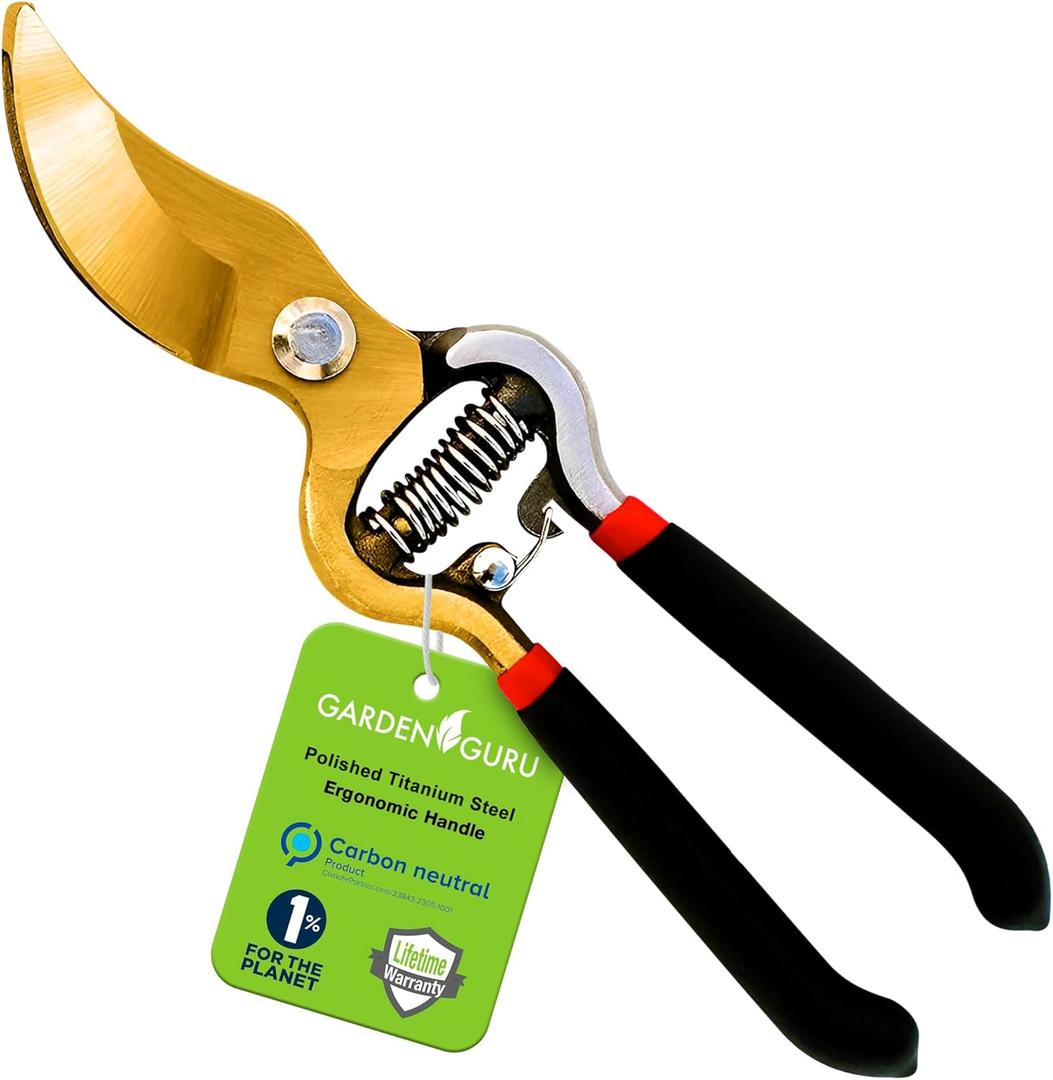 GARDEN GURU Indestructible Titanium Garden Clippers - Professional Bypass Hand Pruner Pruning Shear with Comfort Grip Handles for Gardening, Trimming, and Yard Work - Hardened Steel & Titanium Blade (1 Pack)